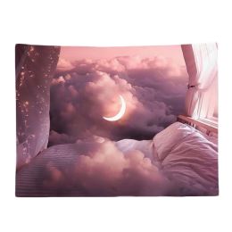 Pink Clouds Crescent Moon Wall Art Backdrop Tapestry Bedroom Dorm Bedside Wall Fake Window Tapestry Decor,59x51 inch