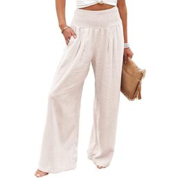 Women Cotton Linen Pants Casual Yoga Wide Leg Trousers (Color: White)