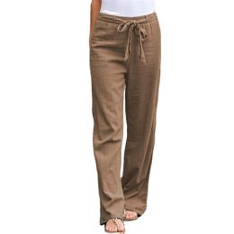 Women Casual Yoga Pants Loose Linen Trousers Pant (Color: Brown)