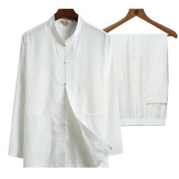 Men's 2 Pieces Cotton Linen Shirt and Pants Beach Yoga Top (Color: White)