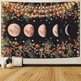 Moonlit Garden Tapestry, Moon Phase Tapestries Flower Vine Tapestry Black Background Tapestry (size: 100*150cm)