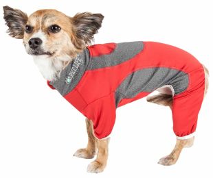 Pet Life Active 'Warm-Pup' Heathered Performance 4-Way Stretch Two-Toned Full Body Warm Up (Color: Red)