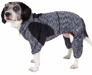 Pet Life Active 'Downward Dog' Heathered Performance 4-Way Stretch Two-Toned Full Body Warm Up Hoodie (Color: Black)