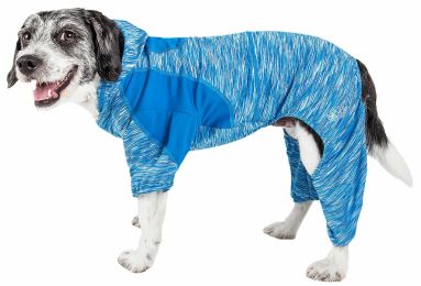 Pet Life Active 'Downward Dog' Heathered Performance 4-Way Stretch Two-Toned Full Body Warm Up Hoodie (Color: Blue)