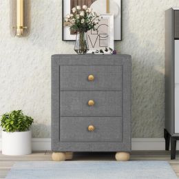 Modern Upholstered Storage Nightstand with 3 Drawers,Natural Wood Knobs (Color: Dark Gray)