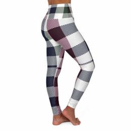 High Waisted Yoga Pants; Blue Burgundy Green And Black Plaid Style (size: XS)